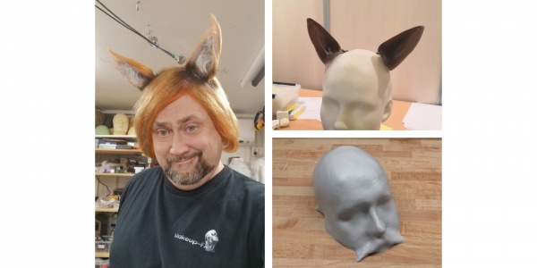 Blandade bilder på när jag arbetar på Rävens öron samt två 3D-modeller av skådespelarnas huvuden.